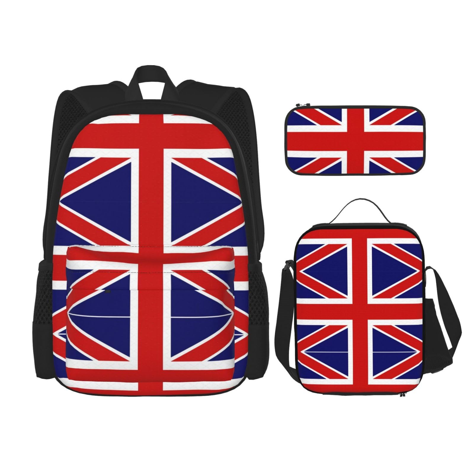 WURTON 3-in-1-Set mit englischer Flagge, lässiger verstellbarer Schulter-Rucksack, Lunch-Tasche, Federmäppchen, Beutel, Schwarz, Einheitsgröße