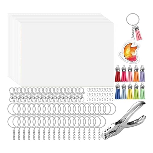 Pcivzxam 161 Shrinky Sheets Schlüsselanhänger-Set, Schlüsselanhänger mit Kette, Biegering, Kreativer Locher für Kinder, Durchscheinend