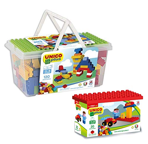 Unico Plus 8502 Box 120 TLG + Unico 8597 Tankstelle mit Auto Figur