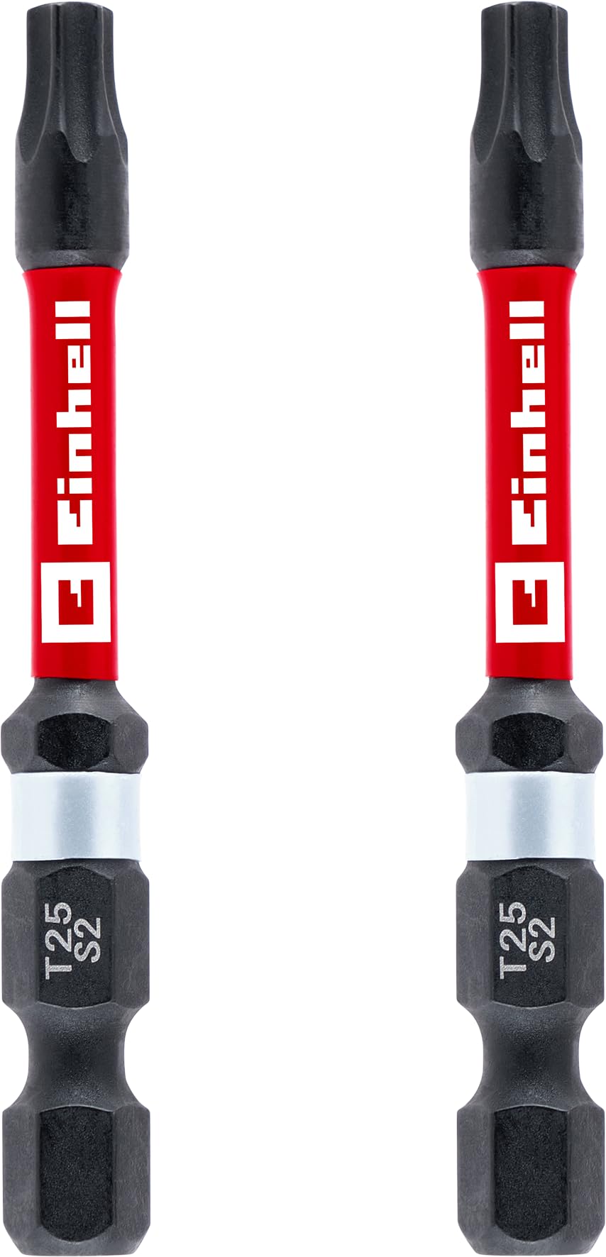 Original Einhell Impact-Bits mit Doppel-Torsion, 2-tlg., 60 mm, T25 (S2-Stahl, hohe Langlebigkeit, doppelter Torsionseffekt, roter Farbring, E 6.3 Schaft)