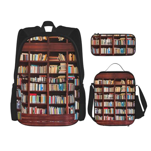 WURTON Schulrucksack mit Bücher-Druck, 3-in-1, Büchertasche, Set mit Lunchbox, Federmäppchen, Reise, Laptop, Tagesrucksack