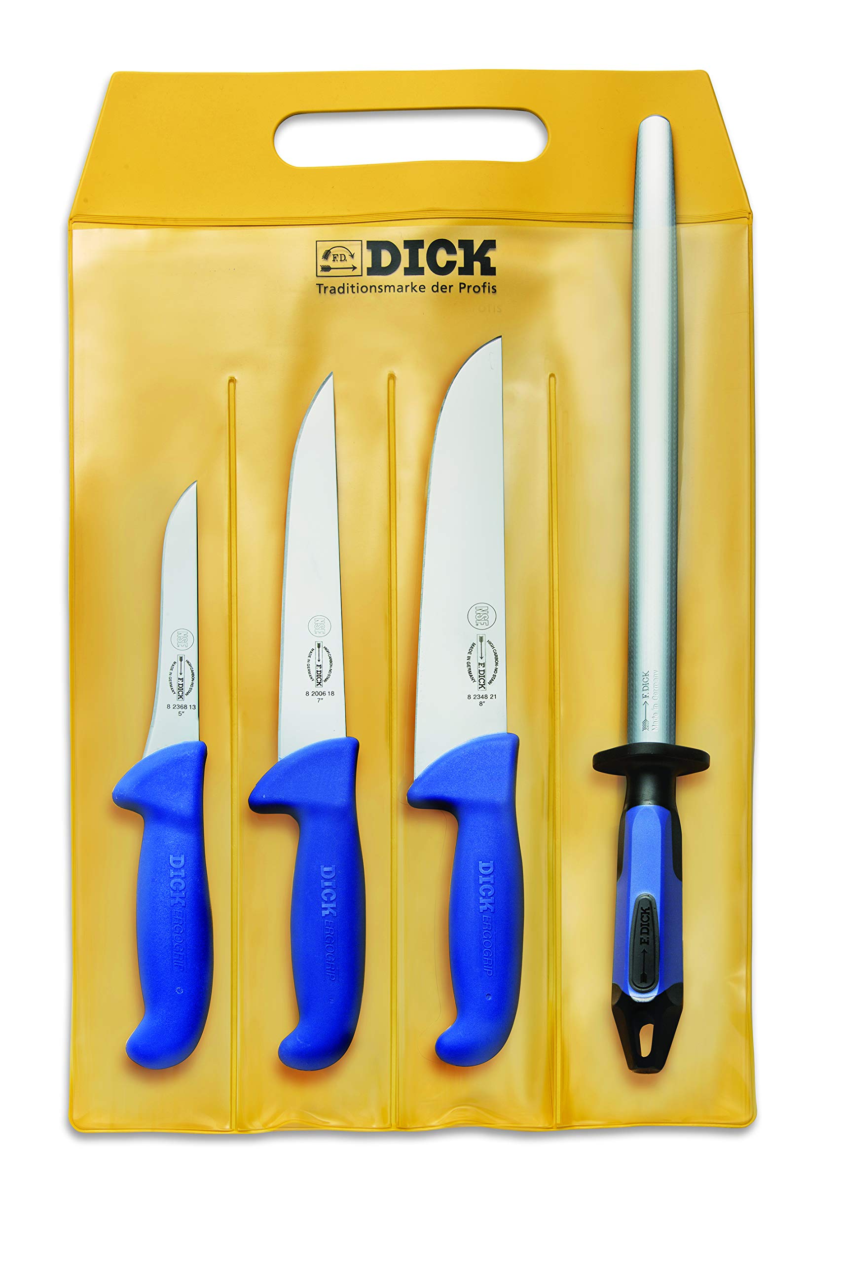 F. DICK Messer Set ErgoGrip 4-teilig (Ausbeinmesser 13 cm „schmal“, Stechmesser 18 cm, Blockmesser, 21 cm, Wetzstahl FineCut, HRC 56°) 82555000, Blau