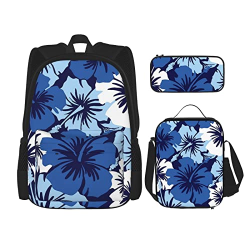 DENMER Mehrzweck-Schulranzen mit Libelle, mit passendem Federmäppchen und Lunchtasche, Set - Ihre stilvolle All-in-One-Lösung, Schwarz, Blauer Hibiskus, Einheitsgröße