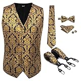 Hcclijo Herren Weste Hosenträger Krawatte Fliege Set Rosa Gold Blau EN8 Rote Weste Hosenträger Krawatte Einstecktuch Manschettenknöpfe MJ0008-BD3027 XXL