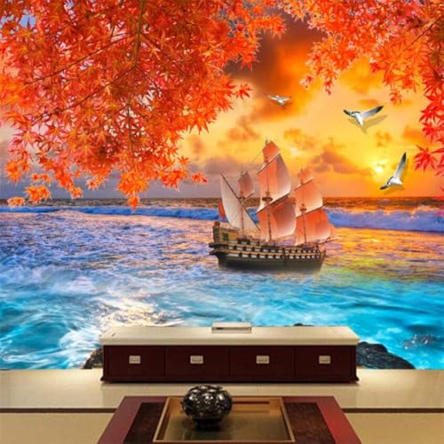 Meer Segelboot Red Maple Leaf 3D Tapete Poster Restaurant Schlafzimmer Wohnzimmer Sofa TV Dekorative Wand-350cm×256cm