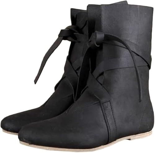 Mittelalterliche PU-Leder-Einzelschuhe, Renaissance-Wikinger-Piraten-Ritter-Stiefel, Retro-Unisex-Stiefeletten mit flachem Boden für Karneval, Cosplay, Schwarz, 48 EU