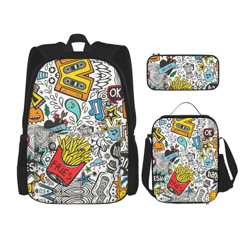 WURTON Rucksack mit Comic-Kunstdruck für Mädchen und Jungen, Schultaschen, Teenager, Lunchbox und Federmäppchen, 3-in-1-Büchertaschen-Set