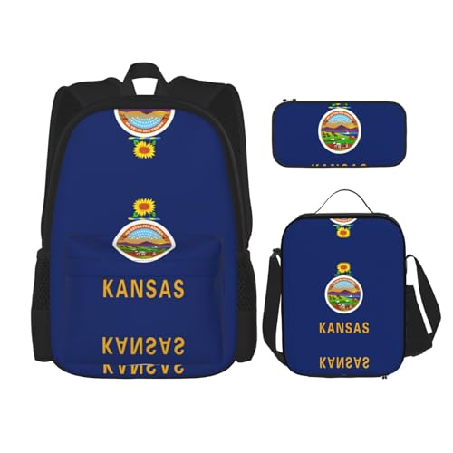 WURTON Kansas Schulrucksack-Set mit Staatsflagge, 3-in-1-Büchertaschen-Set mit Lunchbox, Federmäppchen, Reise-Laptop-Tagesrucksäcke