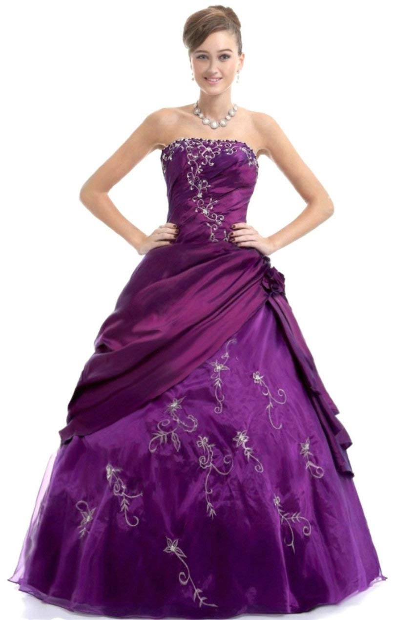 Zorayi Damen Trägerlos Silber Stickerei TAFT Prom Ballkleid Abendkleid Festkleider Lila Größe 36