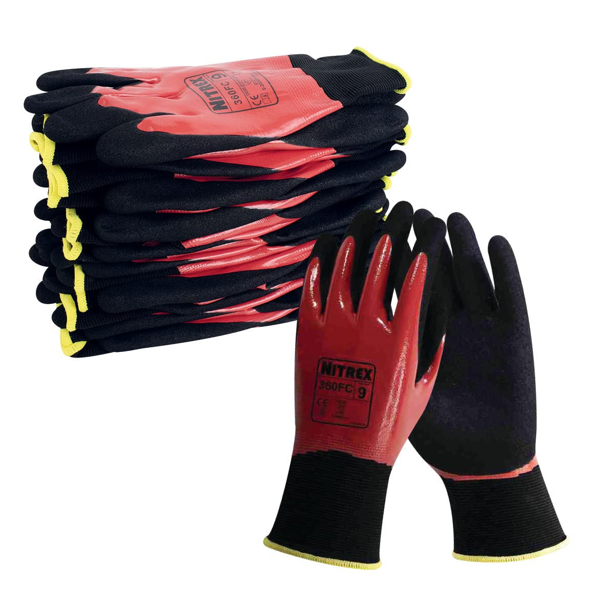 Unigloves Nitrex 360FC Wiederverwendbare Handschuhe mit NitreGrip-Technologie, flachem Nitril und sandigem Nitril, schwarz/rot