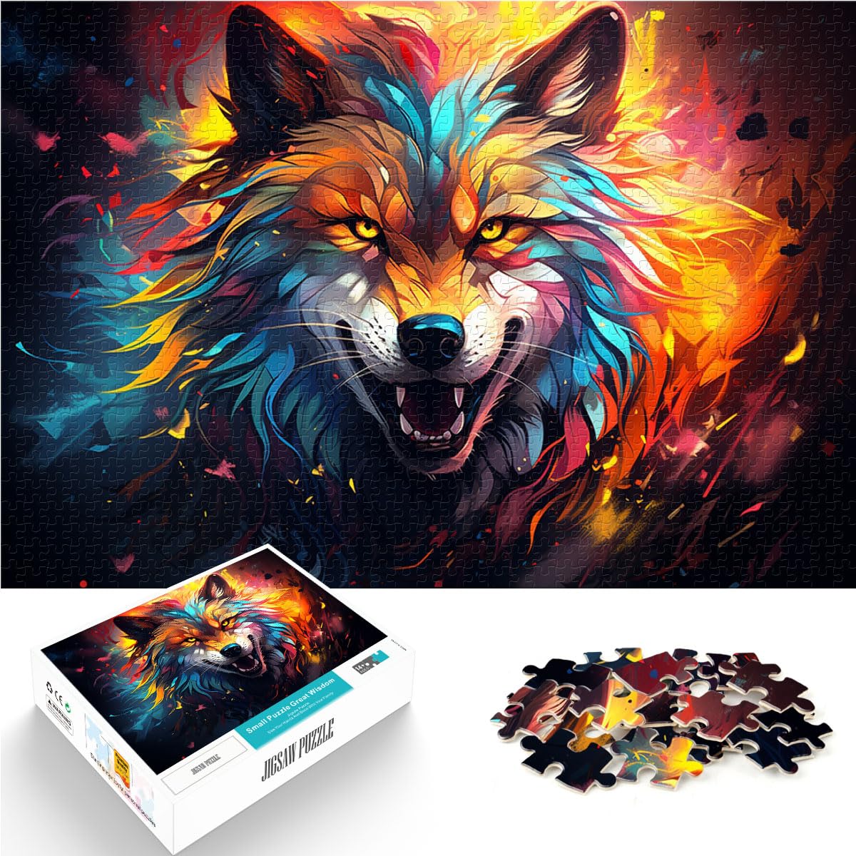 Puzzle-Geschenk: Bunter Neonwolf, 1000 extragroße Teile, Holzpuzzle als Geschenk für die ganze Familie, 1000 Teile (50 x 75 cm)