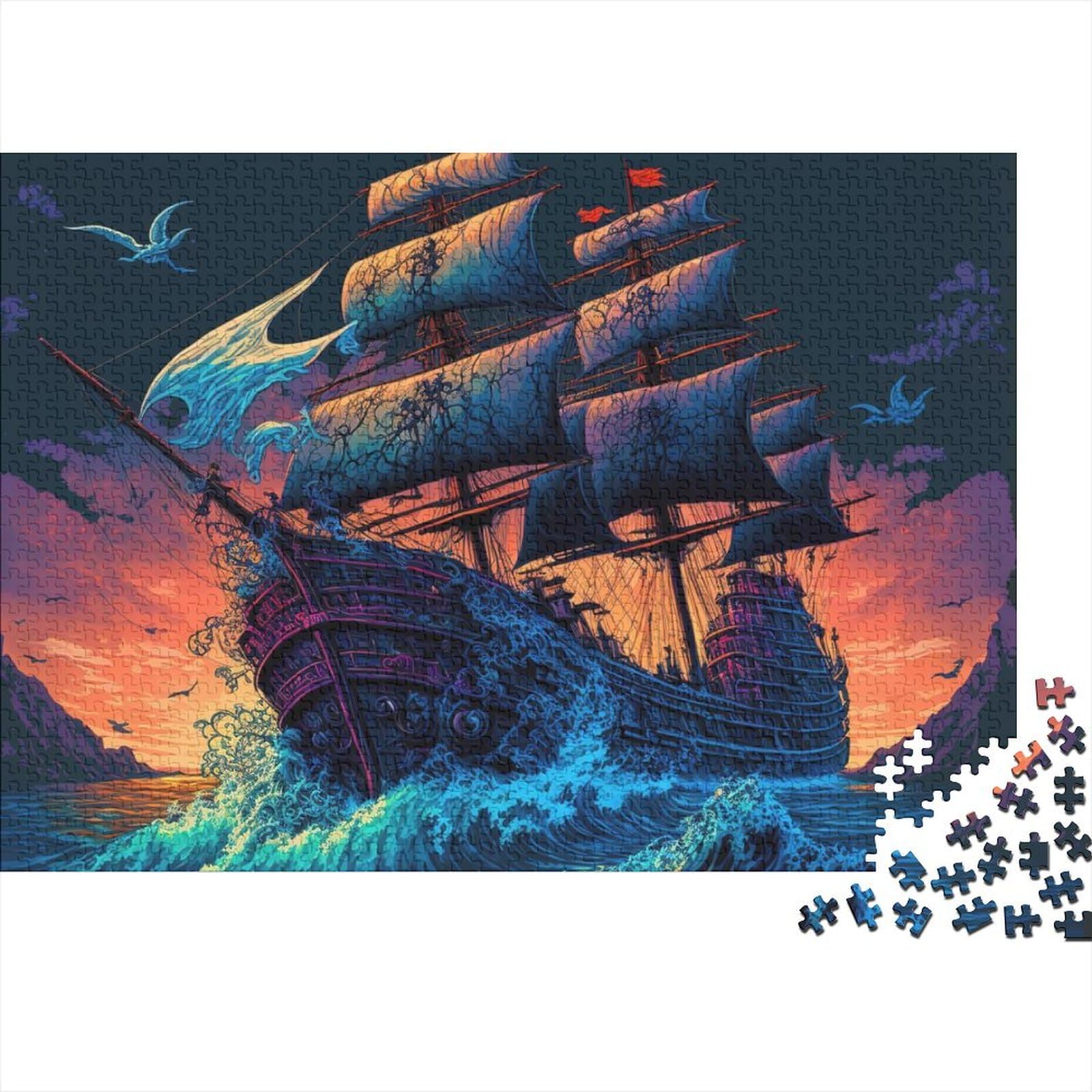 Piratenboot-Holzpuzzle für Erwachsene und Teenager, 1000 Teile für Erwachsene, schwierige Puzzles, interessante Puzzles zur Stressreduzierung (Größe 75x50cm)