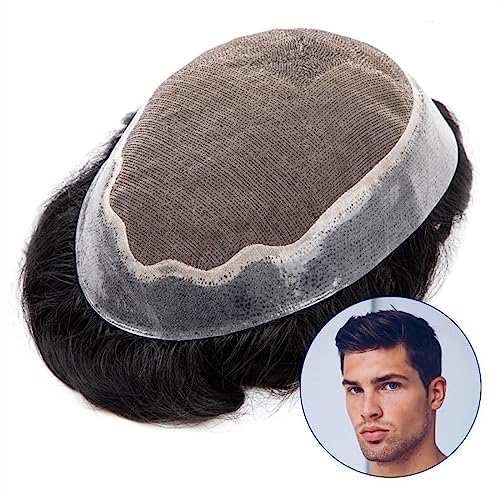 Toupet für Männer Haarersatz-Perücken for Männer, Echthaar, Herren-Toupet, fein, mono, mit dünnem, klarem Pu-Haar, Toupet, 15,2 cm, atmungsaktiv, glattes Echthaar, Systemeinheit Männer Haarersatzsyste