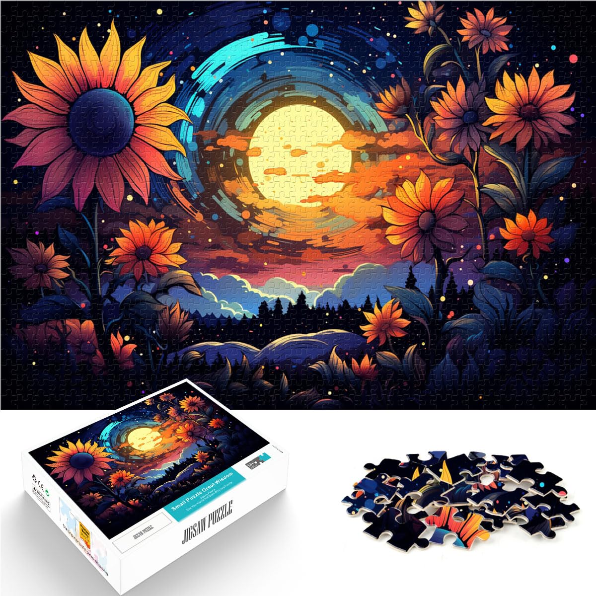 Puzzle-Geschenk, farbenfroher Psychedelischer Sternenhimmel mit Sonnenblumen, 1000-teiliges Puzzle, Holzpuzzle zum Stressabbau, Urlaub zu Hause, Zeit totschlagen, 1000 Teile (50 x 75 cm)