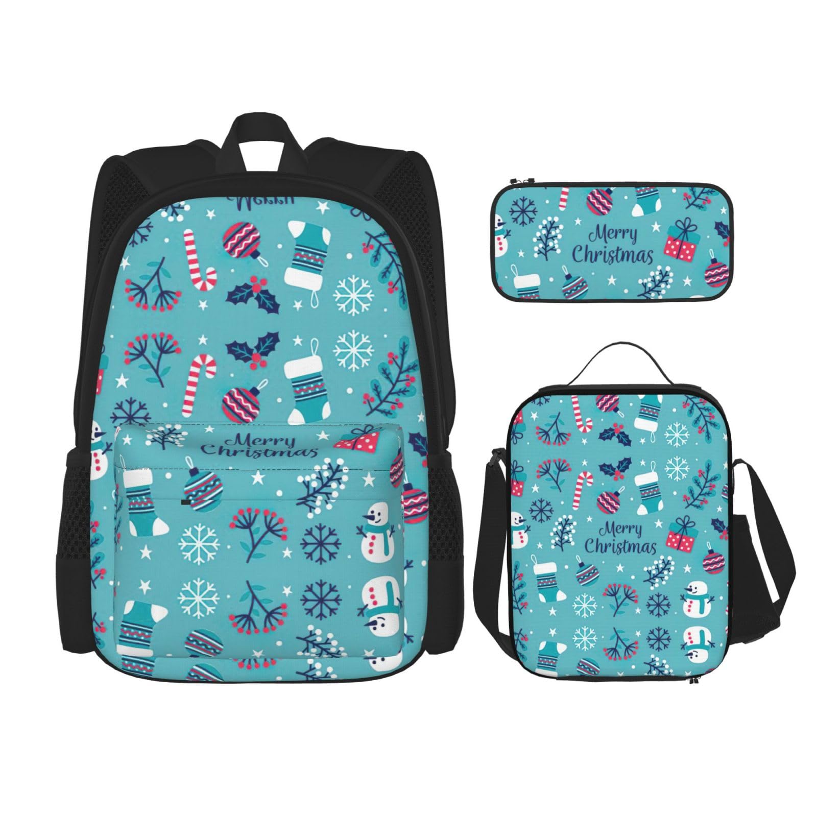 WURTON Schulrucksack-Set mit Aufdruck "Merry Christmas", mit Lunch-Tasche, Federmäppchen, Kombination, Schultaschen-Set