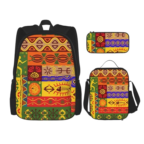 WURTON Schulterrucksack, Motiv: afrikanische Nationalmuster, 3-in-1, Büchertaschen-Set, Lunchbox, Federmäppchen, Reise-Laptop-Tagesrucksäcke, Schwarz, Einheitsgröße