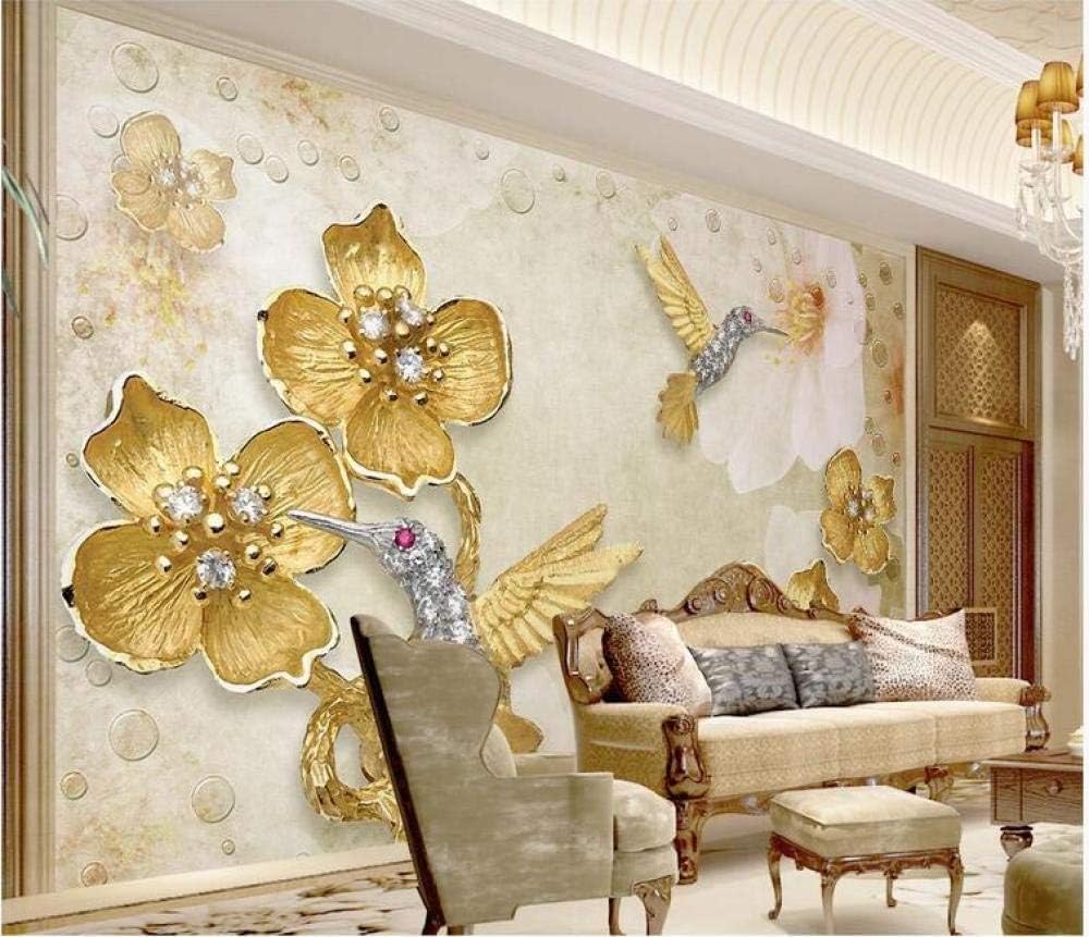 Goldene Blumen Vögel 3D Tapete Poster Restaurant Schlafzimmer Wohnzimmer Sofa TV Dekorative Wand-350cm×256cm