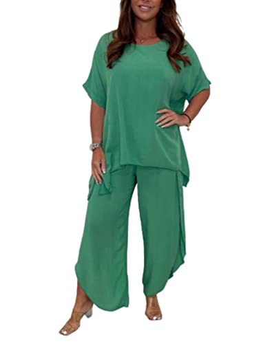 2-teiliger Hosenanzug mit Ärmeln für Frauen,Hosen mit lockeren,fließenden Ärmeln,Plus Size 5XL 2 Piece Solid Color Suit (Green,XXXL)