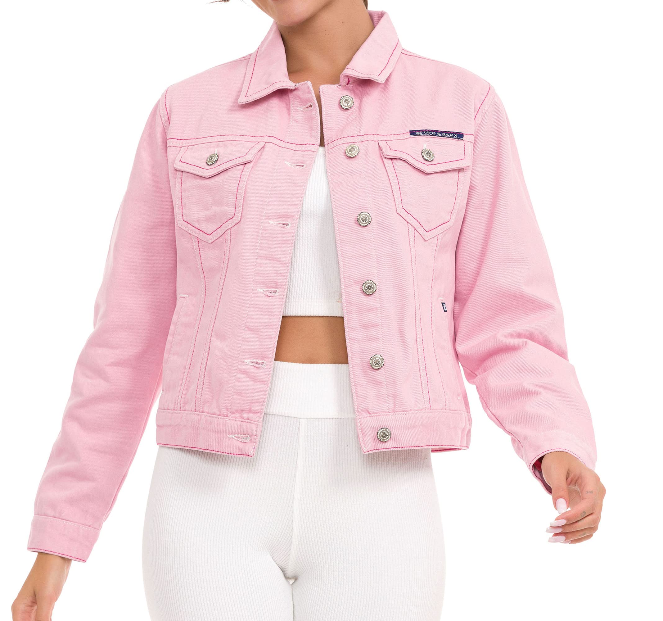 Cipo & Baxx Damen Jeansjacke Oversize Lang Denim Frezeitjacke WJ212 Pink S