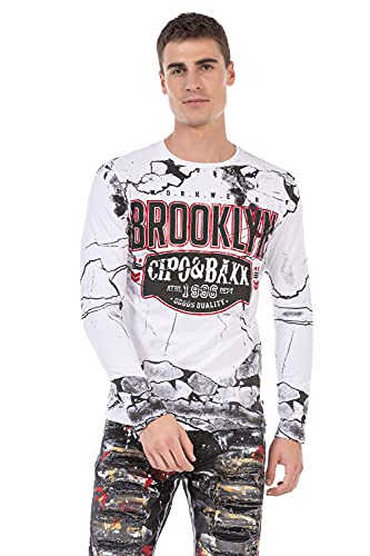 Cipo & Baxx Herren Langarmshirt Longsleeve Print Marmor Design Sweatshirt CL487 Weiß L