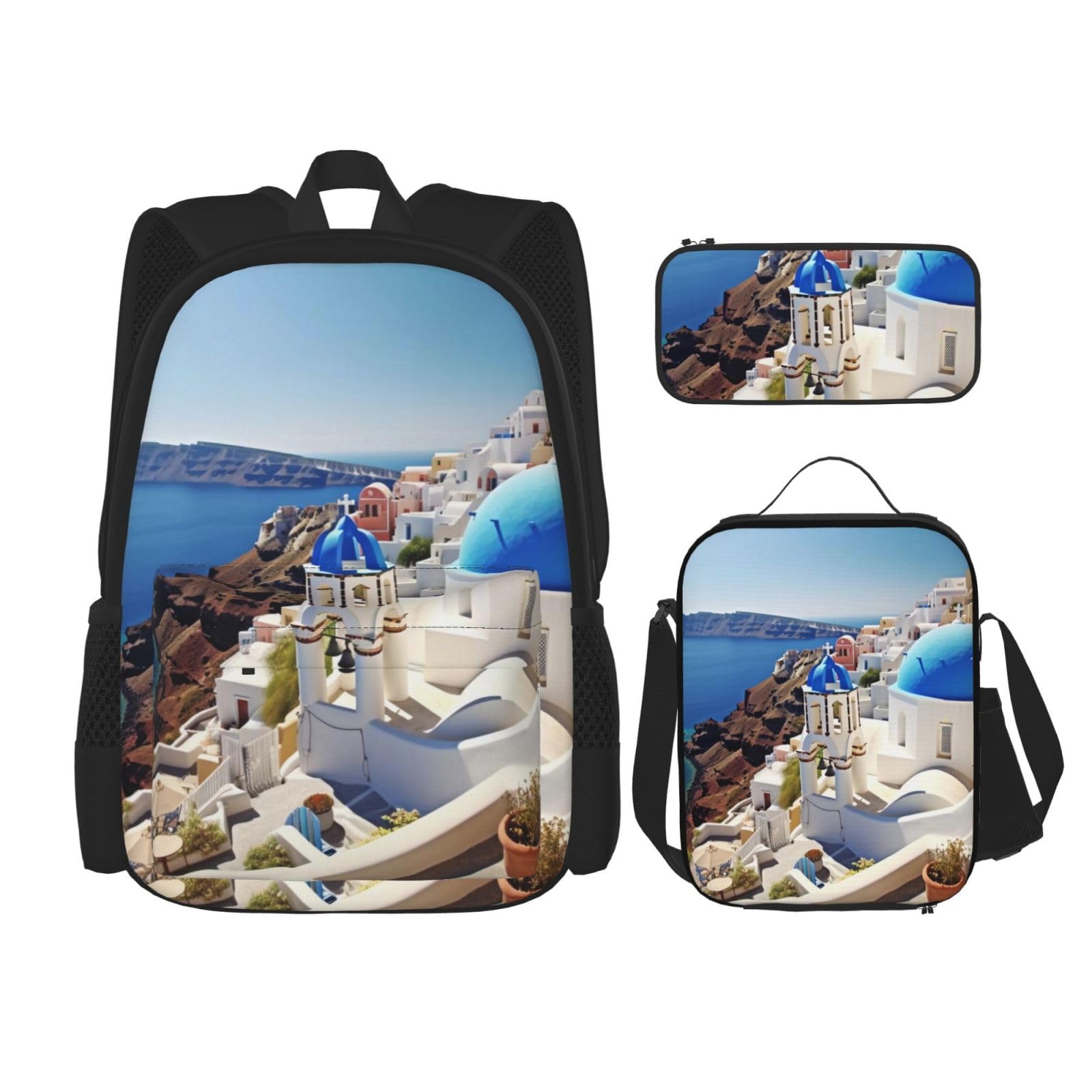 DENMER Mehrzweck-Schulranzen mit Leopardenmuster und passendem Federmäppchen und Lunchtasche - Ihre stilvolle All-in-One-Lösung, Santorini Griechische Insel Meerblick, Einheitsgröße