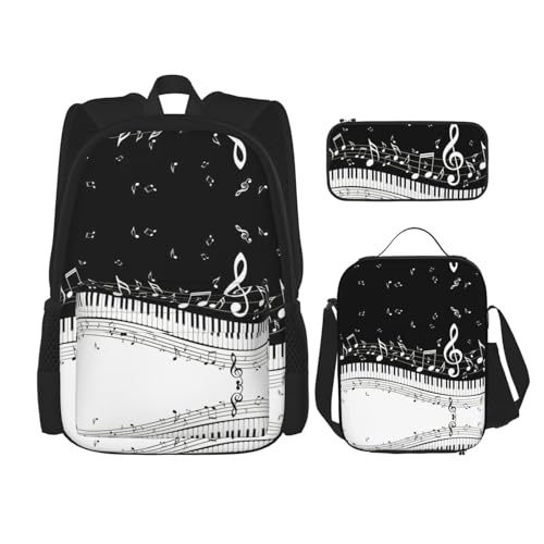 WURTON Rucksack mit Klaviertasten und Musiknoten bedruckt, 3-in-1, Büchertaschen-Set, Lunchbox, Federmäppchen, Reise-Laptop-Tagesrucksäcke, Schwarz, Einheitsgröße