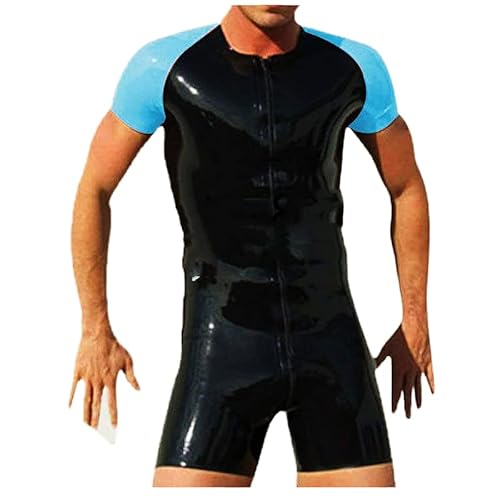 Sexy Herren Kurzarm Schwarz und Blau Latex Catsuit Enger Bodysuit Club Wear