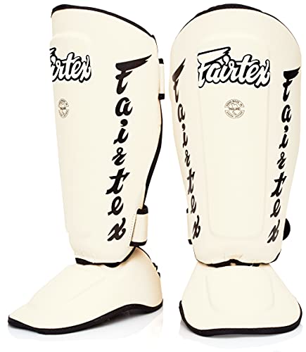 Fairtex SP7 Muay Thai Schienbeinschützer für Herren, Damen, Kinder | aus Syntek-Leder und hochwertig, leicht und langlebig | Abnehmbarer Schienbein- und Fußschutz(Large-Weiß)