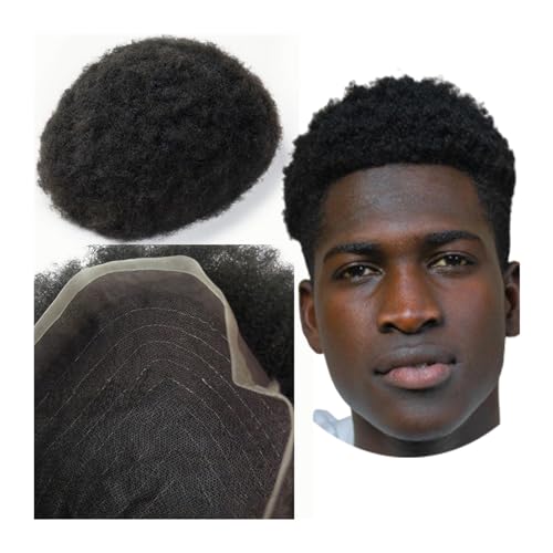 Toupet für Männer Haarersatz Systeme #1 Tiefschwarzes Afro-Toupet for Männer, 8 x 10 Haarteile, Haarteil-Ersatz for Männer, 100% europäisches Echthaar-Spitzensystem Perücke Männer