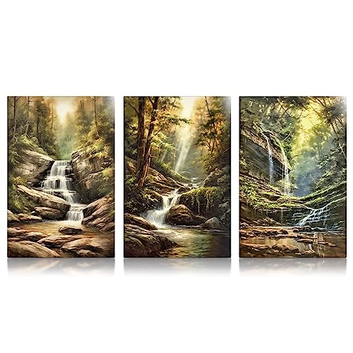 CanvasArts Wasserfall im Wald 3er Set - Leinwand Bilder - Natur Malerei (40 x 30 cm, Leinwand auf Keilrahmen, Wasserfall 3er Set)