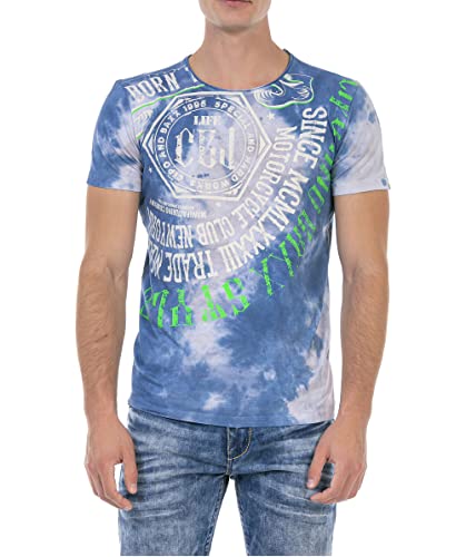 Cipo & Baxx Herren T-Shirt V-Ausschnitt Kurzarm Batik Waschung Regular Fit Sommershirt Print Design CT614 Blau L