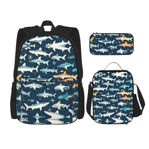 WURTON Sharks Reise-Lunchbox, Federmäppchen, Rucksack-Set, 3-teilig, verstellbare Riemen, leicht