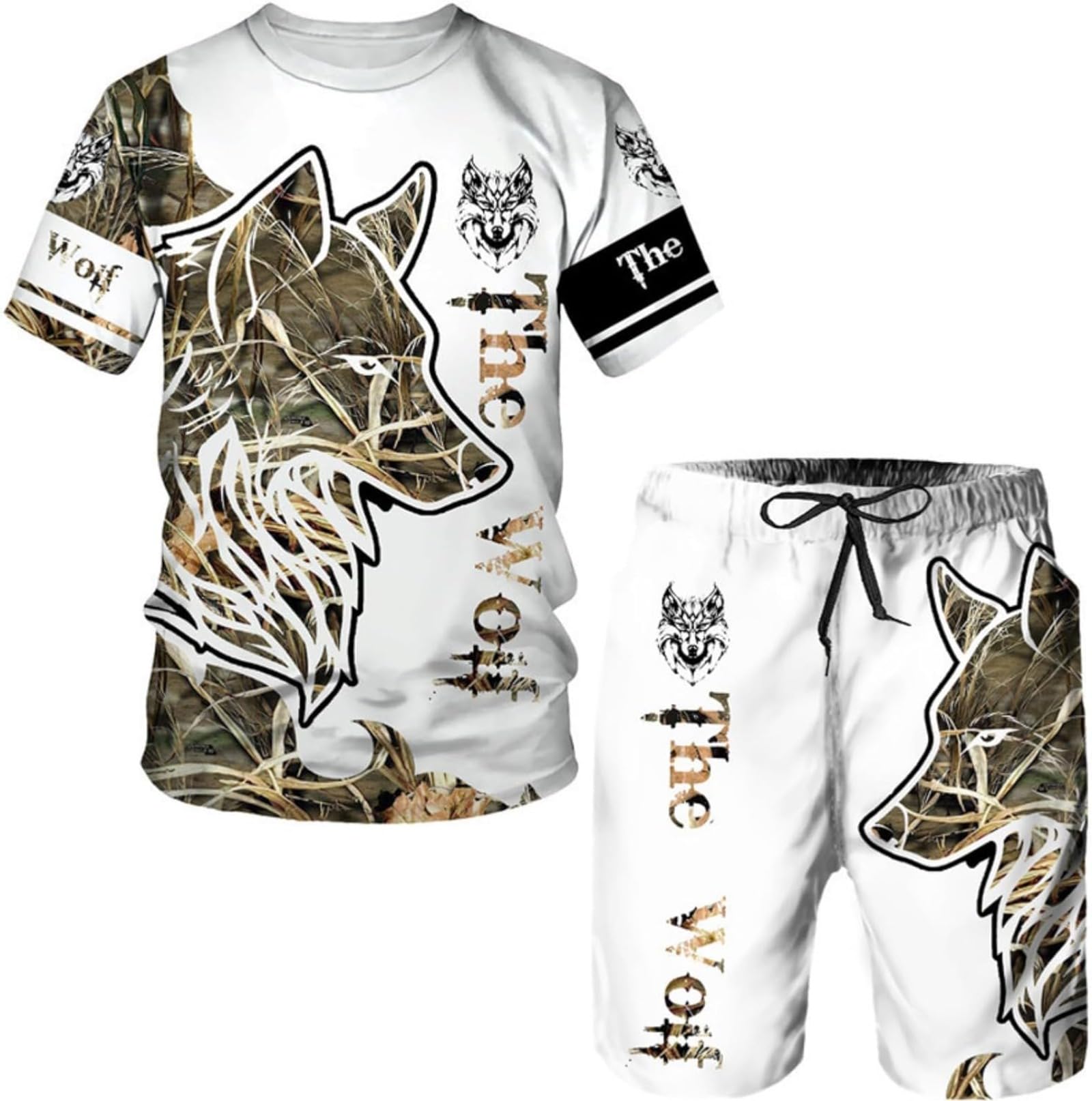 Herren Wolf T-Shirt Short Hosen 3D Animal Herren T-Shirt Shorts Set Street Casual Trainingsanzug Sportanzug (A7,5XL)