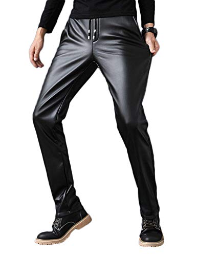 Idopy Herren Casual Drawstring Hose Kunstleder Joggers Hosen für Männer, Schwarz, 36