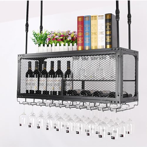 HSJFS Metall Wein Rack Wand Befestigte Bar Regale Mit Hängendem Wein Glas Rack Für Schnaps Flasche Display Regal Floating Bar Whiskey Regal Küche Wandschrank Für Home Bar Esszimmer Cdekoration (Größe: