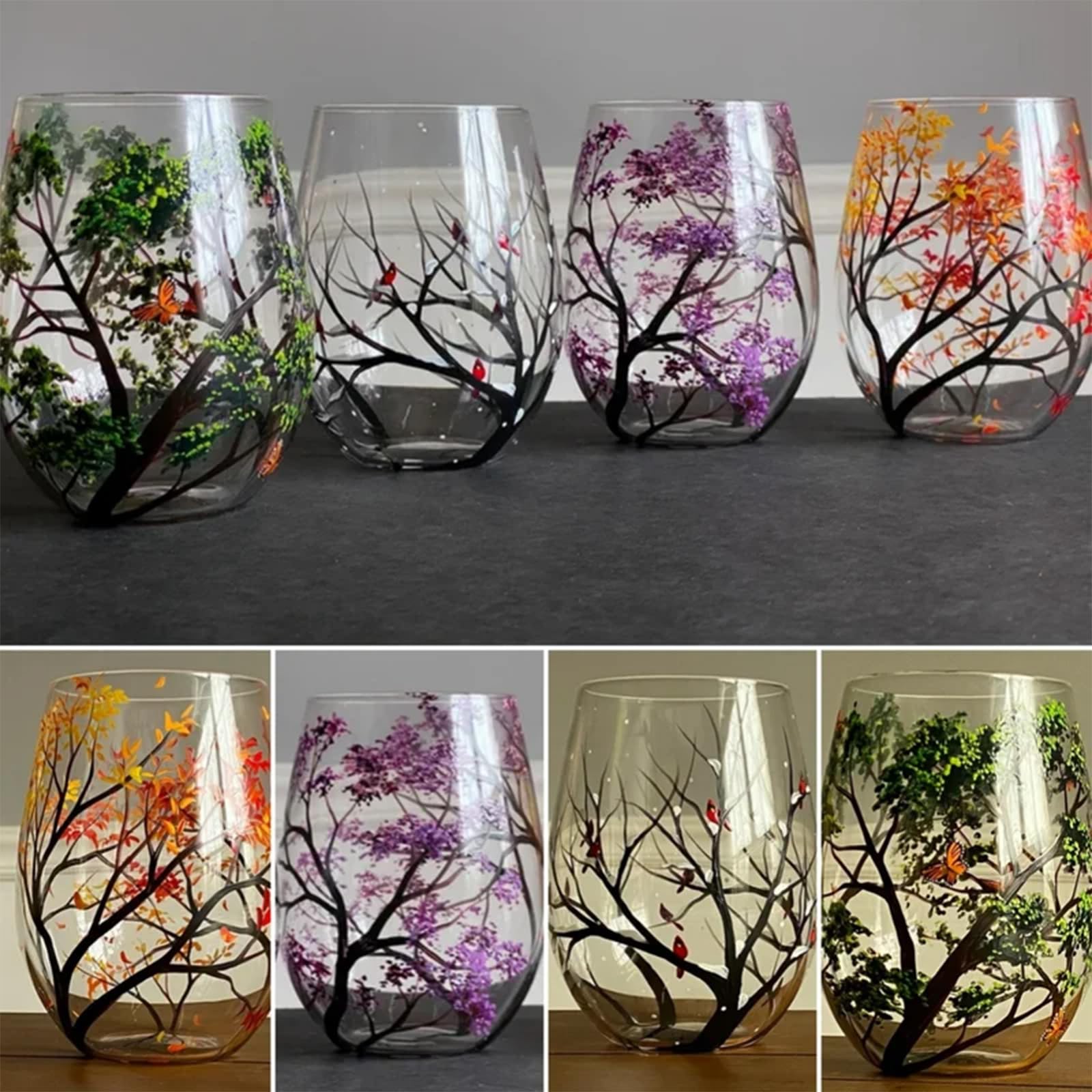 Vier Jahreszeiten Baum Weingläser – handgemalte Kunst, Frühling Sommer Herbst Winter bemalte Weingläser, saisonale Baum Kunst Design farbige Gläser (Stielloses Glas, 4 STÜCK)