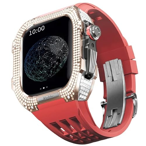 KANUZ Uhren-Modifikationsset, Luxus-Uhrenarmband-Set für Apple Watch 8 Ultra, 45 mm, luxuriöses Viton-Armband, Titangehäuse für iWatch 7, 8, 45 mm, Upgrade-Modifikation (Farbe: Rot 4, Größe: 45 mm)