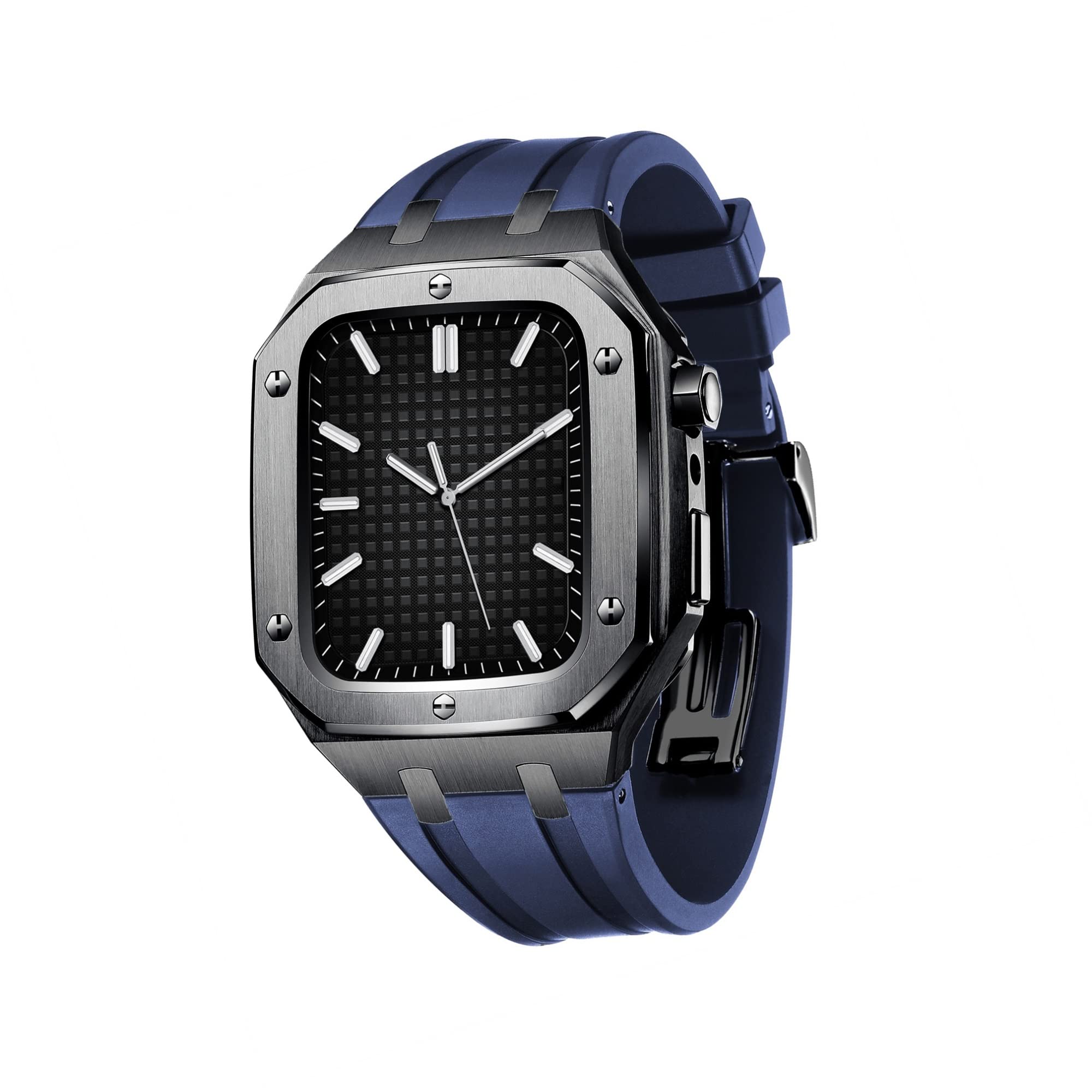 KANUZ Herren und Damen, Militär-Metallgehäuse für Apple Watch, 45 mm, 44 mm, Silikonband, stoßfest, Stoßstange, Business-Casual-Stil, Uhrenarmband für iWatch Serie 7/SE/6/5/4 (Farbe: Schwarz-Blau,