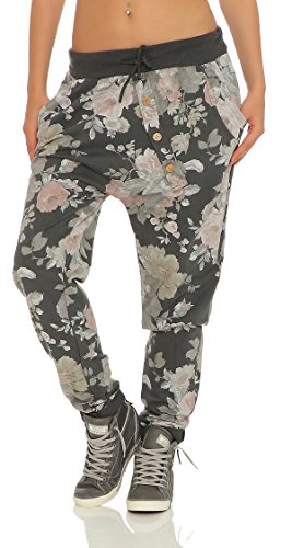 Mississhop 130 Damen Hose Blumen Sweatpants Jogginghose Baumwolle Freizeithose Boyfriend Sporthose Blumenprint Graphit