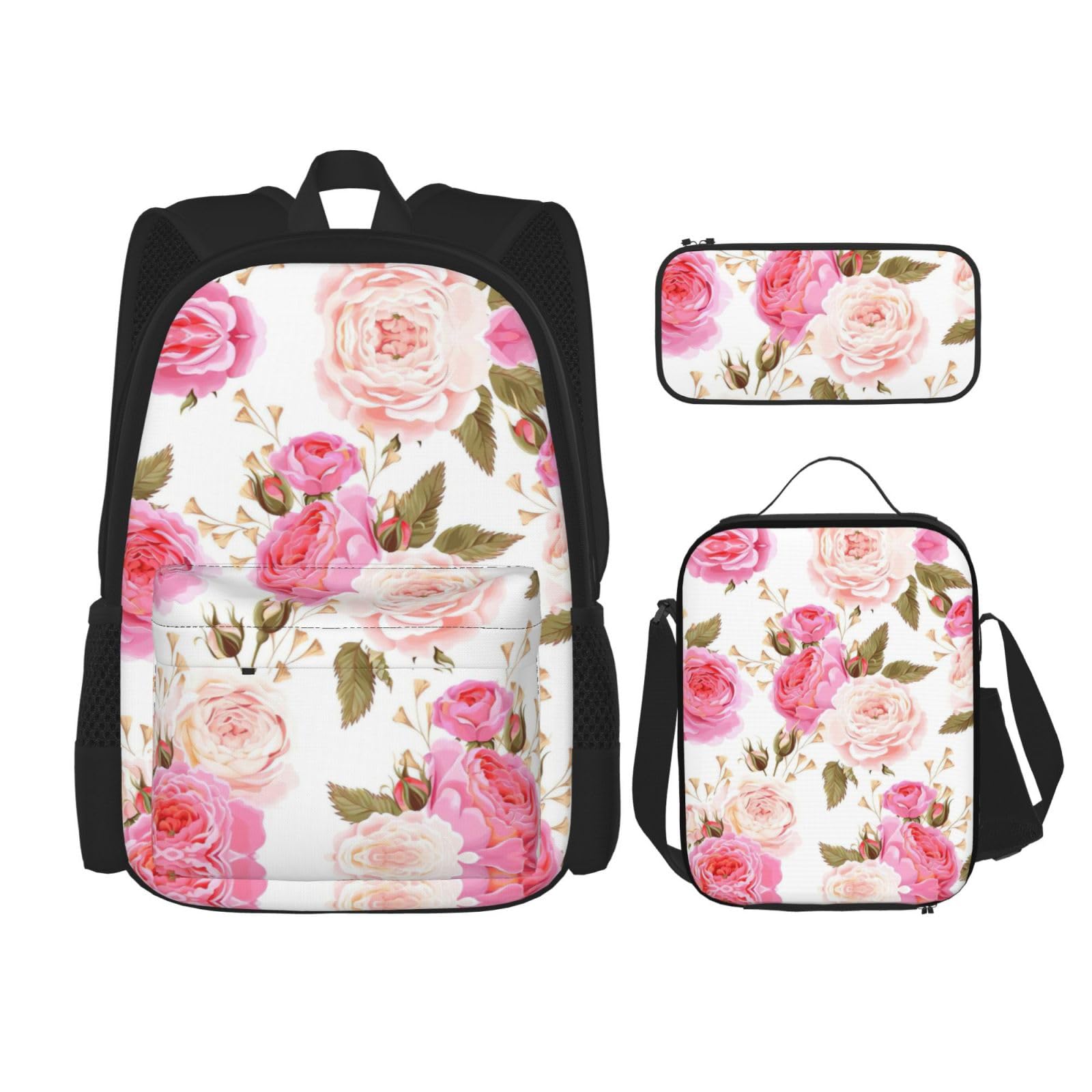 WURTON Trendige Rucksacktaschen mit Rosen-Blumendruck, Lunchbox und Federmäppchen, 3-in-1, verstellbares Rucksack-Set, Schwarz , Einheitsgröße