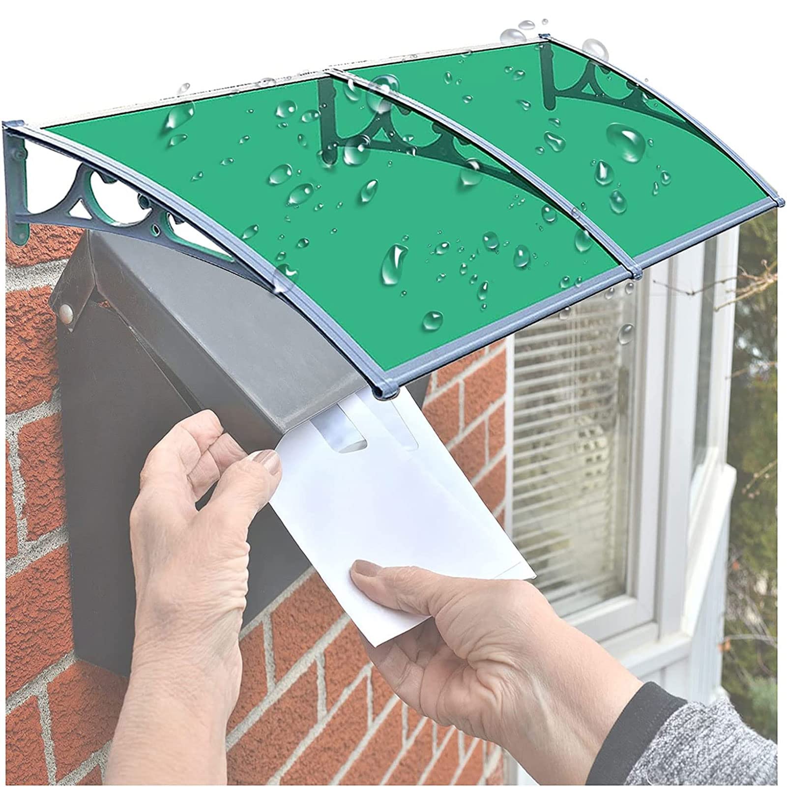 Vordach für Haustür, Terrassenmarkisen, Fenster, Überdachung für den Außenbereich, Gartenschatten, Schutz vor UV-Strahlung, Regen, Schnee und Sonnenlicht, grüne Polycarbonat-Abdeckung, graue