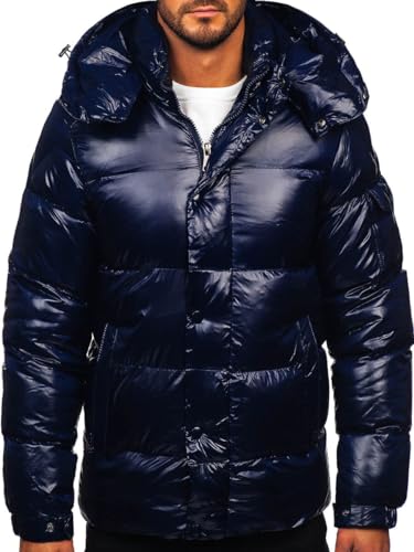 BOLF Herren Winterjacke Steppjacke Gefüttert Übergangsjacke mit Kapuze Daunenjacken-Optik Puffer Wärm Winter Freizeit Outdoor Casual Style 9970 Dunkelblau L [4D4]