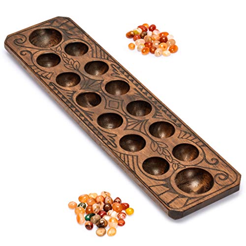 Yellow Mountain Imports Mancala Set mit Holz Spielbrett und Quarzkiesel Spielsteinen - Naturholz