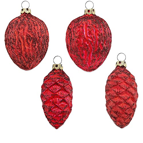 Thüringer Glasdesign Zapfen und Nüsse Set 004-01010-1232 | 4-TLG. | ca. 6cm - Rot - Christbaumschmuck Weihnachtsbaumschmuck Traditionell Klassisch Tannenzapfen Walnüsse