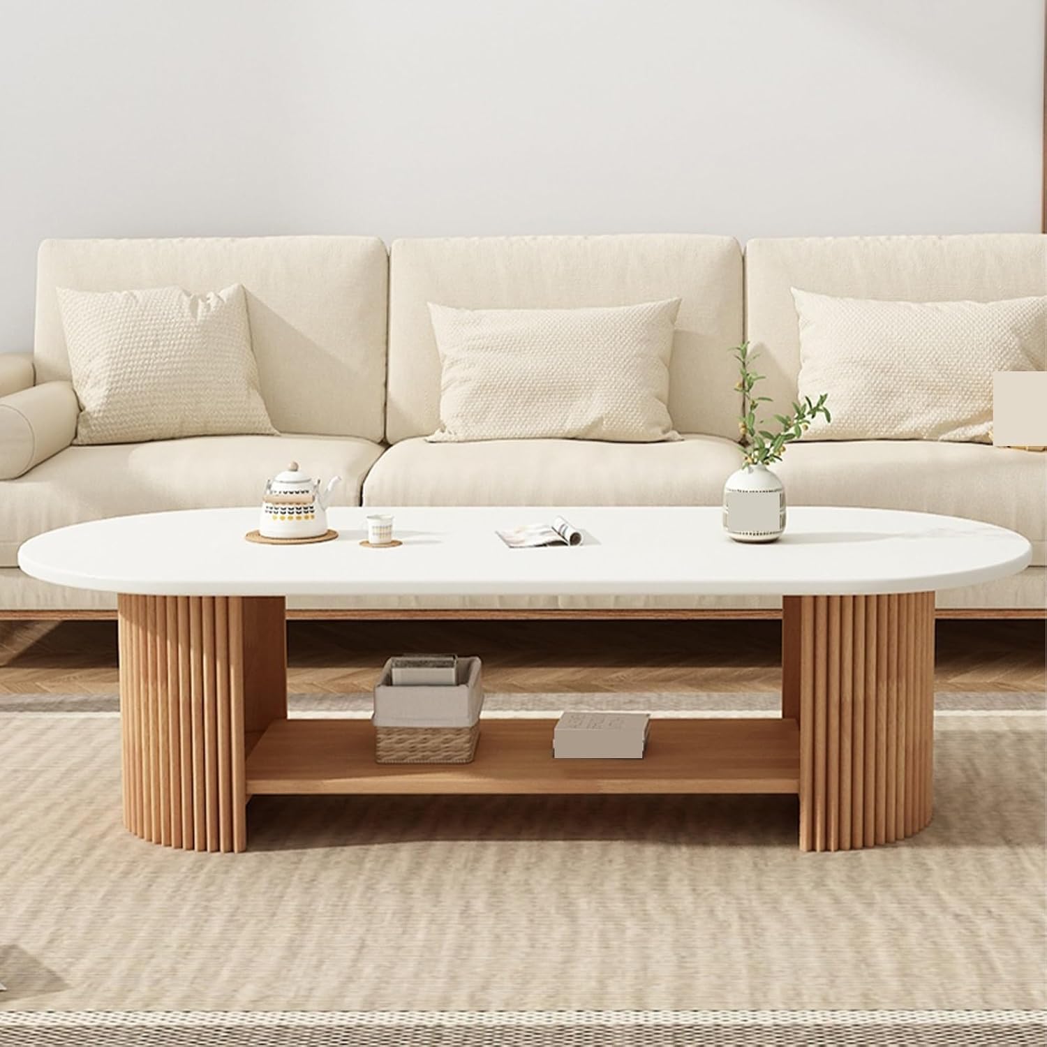 Couchtisch für Wohnzimmer, moderner Couchtisch, runde Couchtische aus Holz für Wohnzimmer, runder Couchtisch mit Stauraum, Kleiner rechteckiger Teetisch, weiß, für Zuhause, Wohnzimmer, Büro,