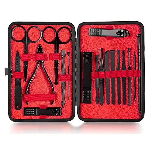 SCRUBY 18-in-1-Maniküre-Set, Edelstahl, Nagelknipser, Pediküre-Set, tragbar, für Reisen, Haushalt, Nagelschere, Nagelschneider, Werkzeug-Set (18-teilig, rot)