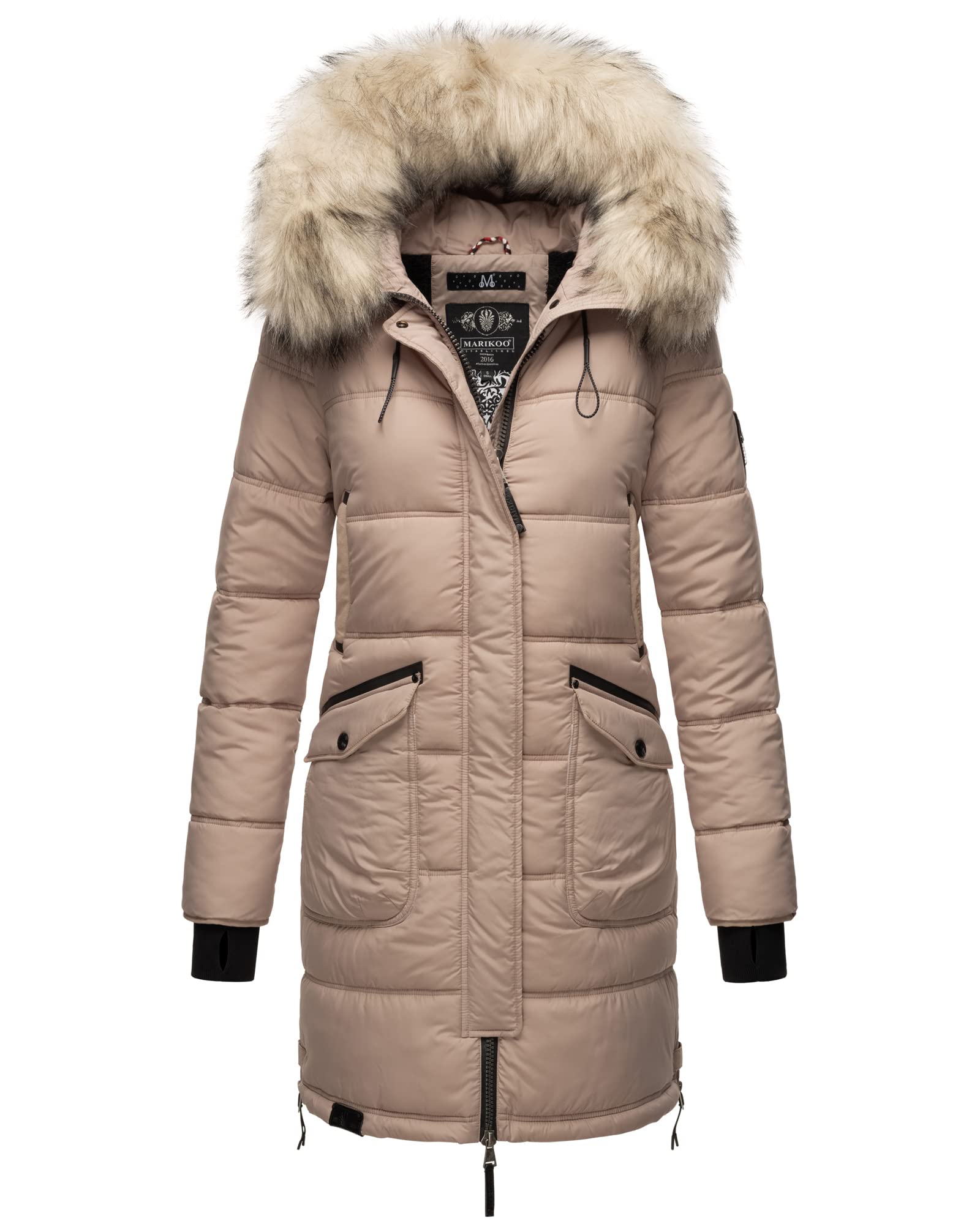 MARIKOO Damen Winter Jacke Stepp Parka Mantel Winterjacke warm gefüttert Kunstpelz CHASKAA XS-XXXL (Taupe, XXL)