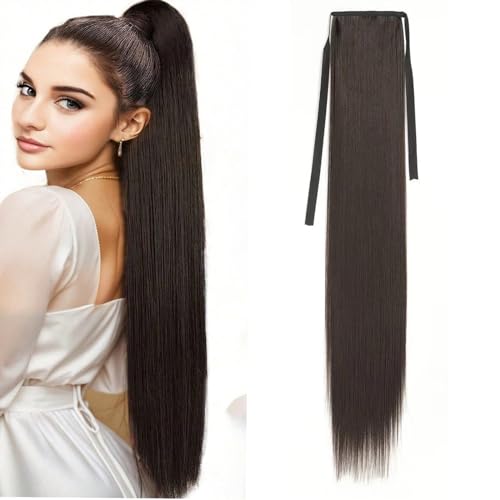 Pferdeschwanz Haarteil 85 cm Clip-in-Pferdeschwanz-Verlängerung for Umwickeln, langes, glattes Pferdeschwanzhaar, synthetisches Haarteil for Frauen, hitzebeständig Pferdeschwanz Haarverlängerung(Bruin