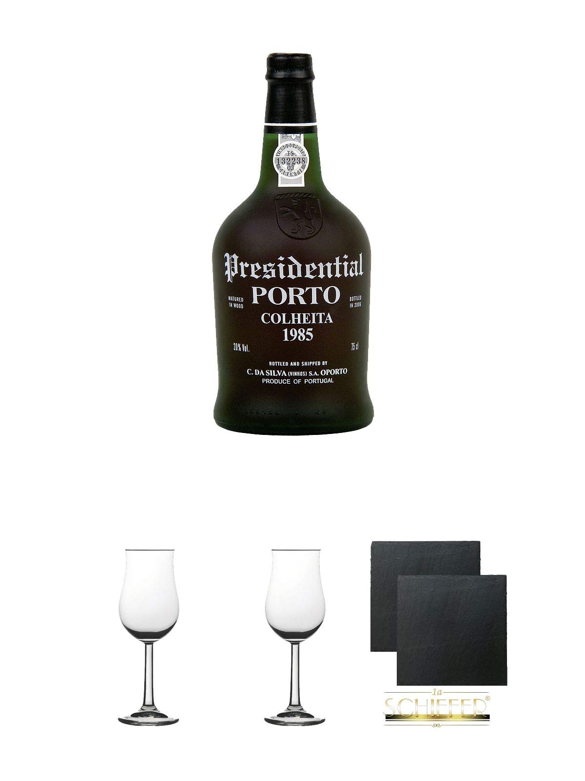 Presidential Porto Colheita 1985 Portwein 20% 0,75 Liter + Nosing Gläser Kelchglas Bugatti mit Eichstrich 2cl und 4cl 1 Stück + Nosing Gläser Kelchglas Bugatti mit Eichstrich 2cl und 4cl 1 Stück + Schiefer Glasuntersetzer eckig ca. 9,5 cm Ø 2 Stück