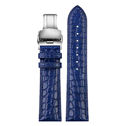 SCRUBY Für jedes luxuriöse Armband Krokodilgurt weiche blaue Leder -Uhrenband -Schmetterlingsverschluss 18 20mm 22 mm Männer Handgelenk Band(Blue silver fold,22mm)